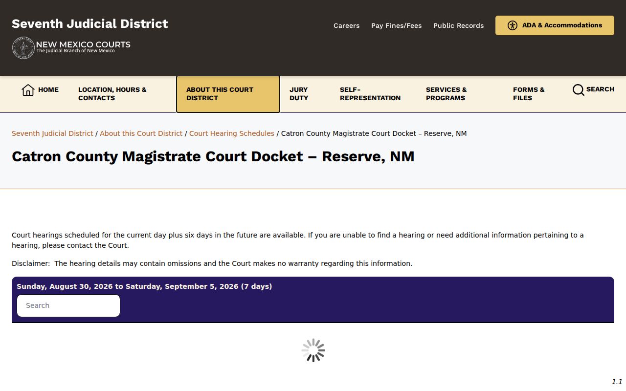 Catron County court calendar Magistrate Court hearing schedule in Reserve