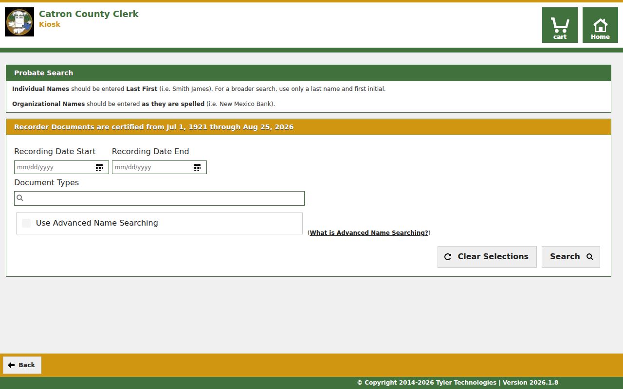 Catron County court records distinction shown with the County Clerk recorder search