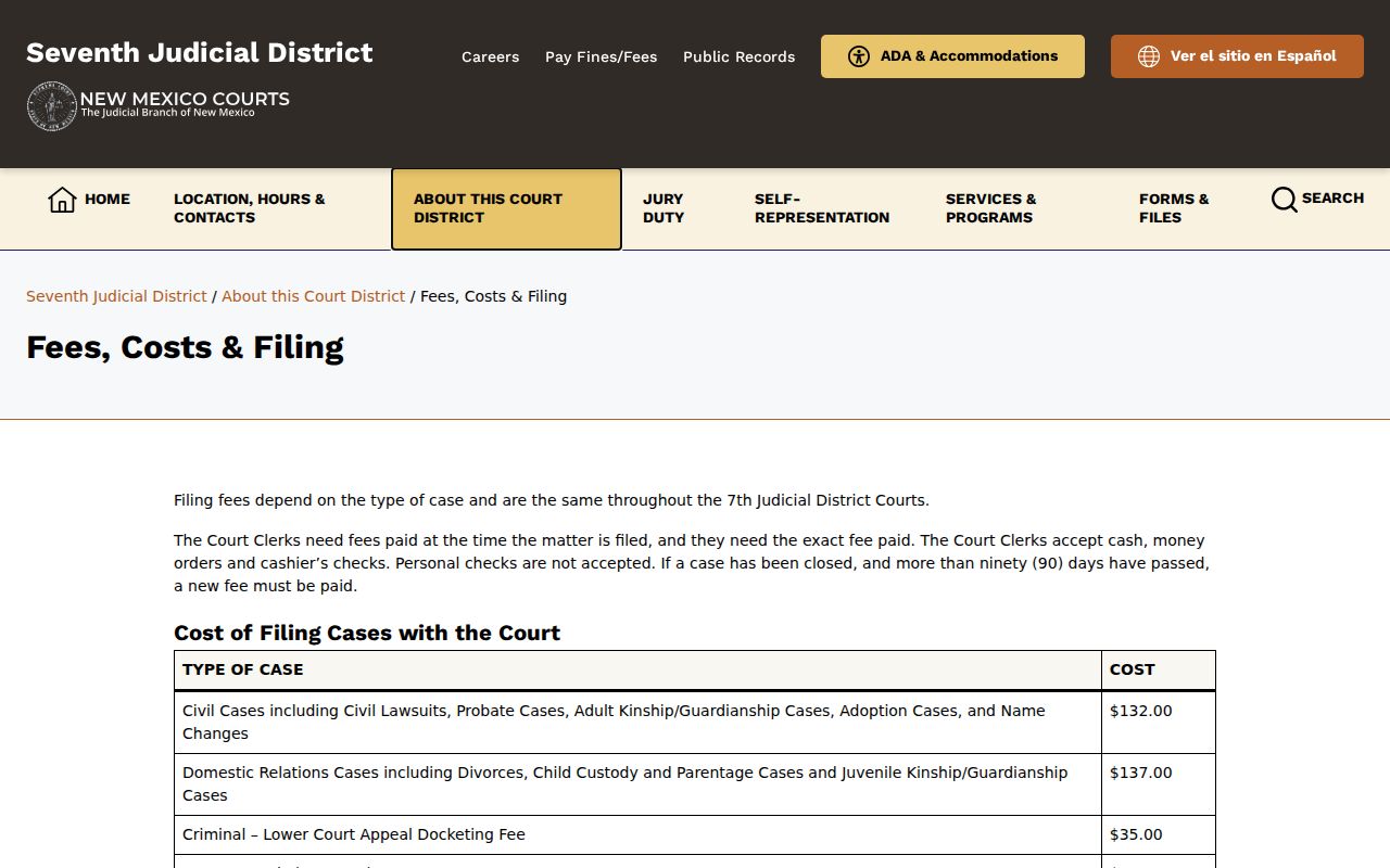 Catron County criminal docket copy and fee information on the Seventh District fee page