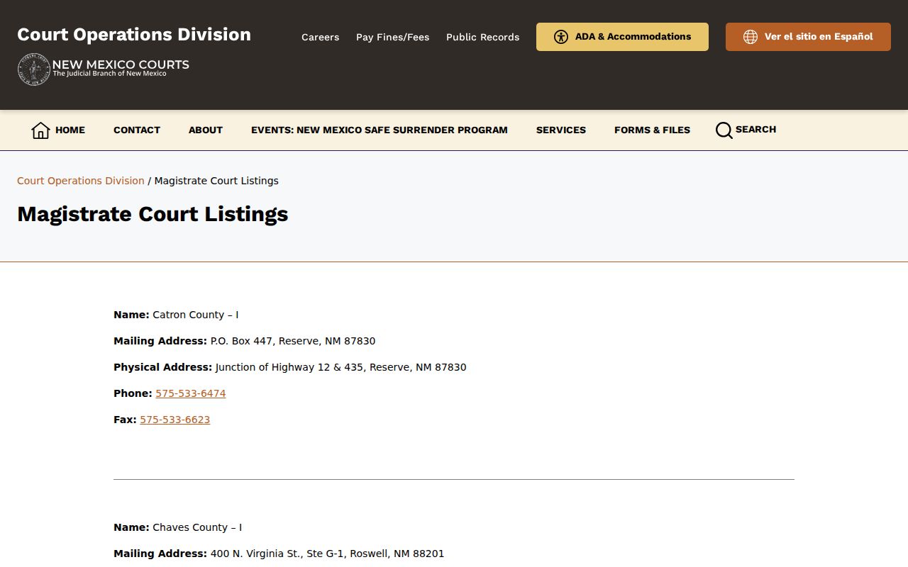 Catron County court docket Reserve Magistrate Court listing