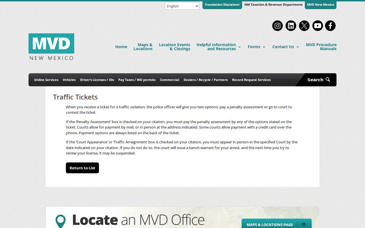 Catron County traffic court records context from New Mexico MVD traffic-ticket instructions