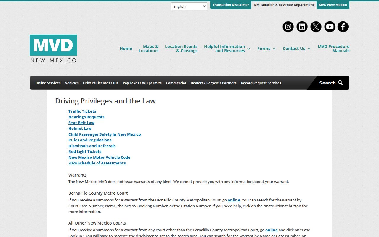 Catron County traffic court records warrant-search route on the New Mexico MVD page